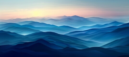 Blue mountain valley terrain at sunset scene. Generative AI technology. - obrazy, fototapety, plakaty