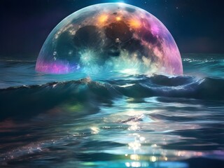 A colorful moon floating in the ocean