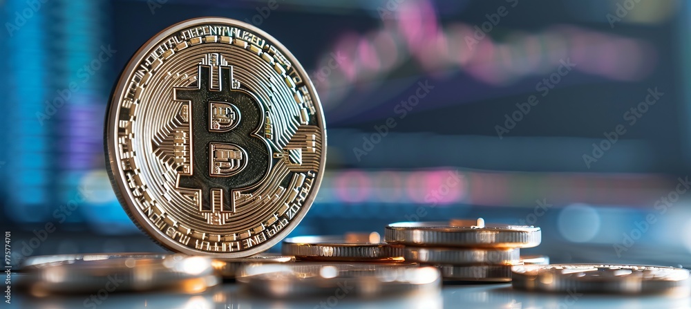 Poster Bitcoin currency. Generative AI technology.