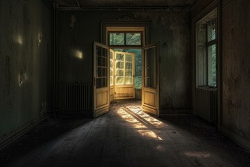 Fototapeta na wymiar Eerie Abandoned room. Scary empty inside. Generate Ai