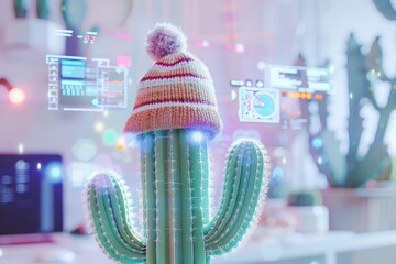 A cactus adorned with a wool hat, standing in a minimalist white room, futuristic gadgets and interfaces floating around , close up - obrazy, fototapety, plakaty