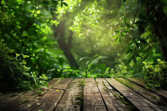 Wooden terrace floor in the forest. Blurred trees in the back. Background image. Created with Generative AI technology.