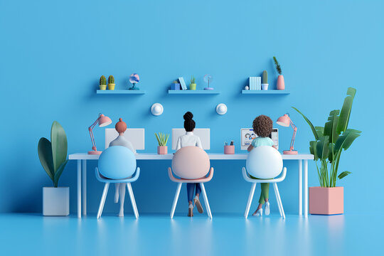 3d rendering. cute character web agency office  people working