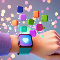 Power of Technology: person wearing smartwatch, floating apps - obrazy, fototapety, plakaty