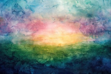 Fototapeta na wymiar Green And Pink. Watercolor Sunset Sky Background in Blue, Purple, and Yellow