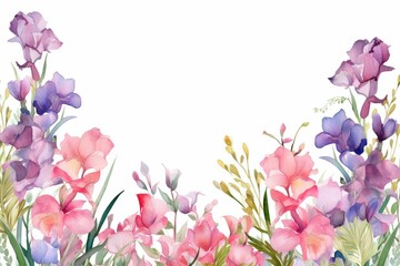 watercolor of gladiolus clipart with tall spikes of colorful blooms. flowers frame, botanical border, Watercolor Flowers Frame Isolated On White background. For greeting card.