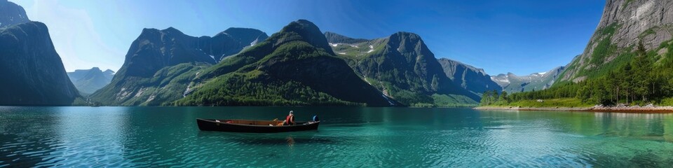 Mountain Water. Breathtaking Panoramic View of Calm Lovatnet Lake in Beautiful Norway