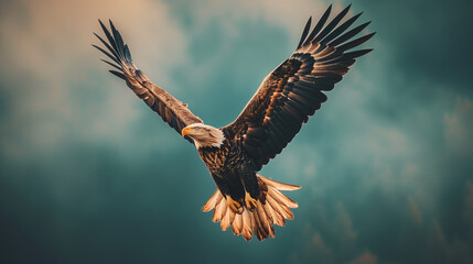 Obraz premium bald eagle on the background of the blue sky in flight with beautifully spread wings, a symbol of freedom and pride