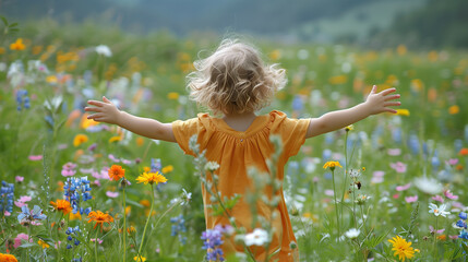 Naklejka na ściany i meble back view of a child with arms outstretched and enjoying a beautiful summer day in a field full of beautiful wild flowers, the child is fully open to the world and ready to give his love
