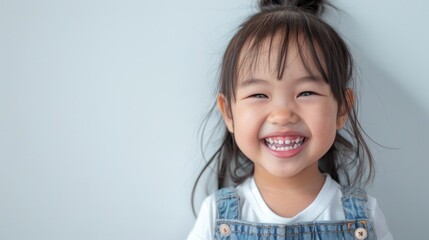 Cute Kid. Happy Asian Girl Smiling and Laughing with White Teeth, Dressed in Dungarees for Summer...