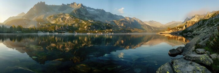 Mountains And Water. Panoramic Landscape of Tatra National Park, Lake at Dawn in Poland - obrazy, fototapety, plakaty