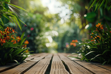 Wooden terrace floor in the garden. Blurred trees in the back. Background image. Created with Generative AI technology.