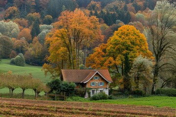 Fields Farm. Farm House Amongst Autumn Colours in Countryside of Sense District, Freiburg Canton, Switzerland