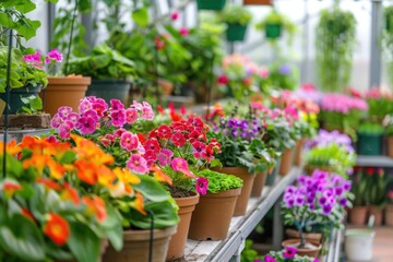 Fototapeta na wymiar Flowers Colorful - Blooming Plants in Spring Greenhouse Garden