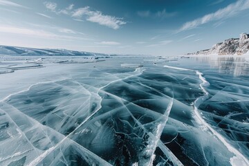 Lake Ice. Cracked and Bubbled Patterns on Baikal Winter Landscape - obrazy, fototapety, plakaty