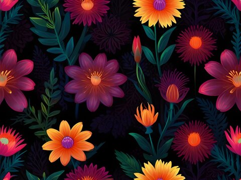 A seamless pattern of fluorescent, neon flowers on a black background for a night-life vibe, generative AI