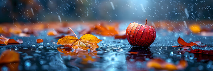 Autumns Vibrant Ballet Leaf Dance and Rainy Day,
Soft raindrops gently falling on colorful autumn leaves in a forest Nature
