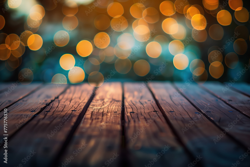 Poster wooden table with blurred lights and bokeh. background image. created with generative ai technology.
