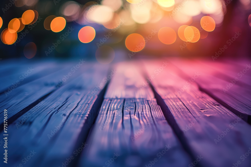 Poster wooden table with blurred lights and bokeh. background image. created with generative ai technology.