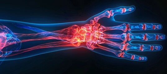 Hand pain trauma x-ray visual. Medical injury treatment healthcare concept. Generative AI technology.