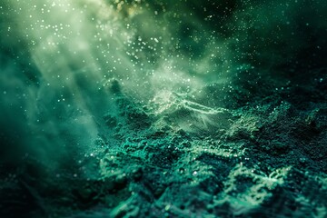 Fototapeta na wymiar Close up of green powder on dark sand, underwater view, light effects, depth of field, volumetric lighting