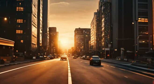 3d view of modern city landscape asphalt in realistic cinematic foreground,sunset