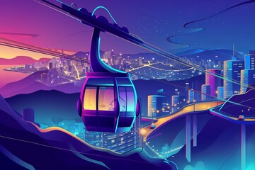 A painting depicting a modern cable car system transporting passengers over a bustling city.
