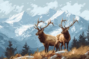 A depiction of two majestic elk standing proudly on a hill.