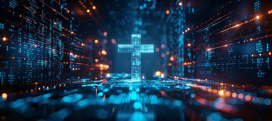 Digital blue Jesus Cross symbol. Christian religion concept. Generative AI technology. - obrazy, fototapety, plakaty