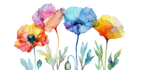 Watercolor illustration of colorful poppies on a white background