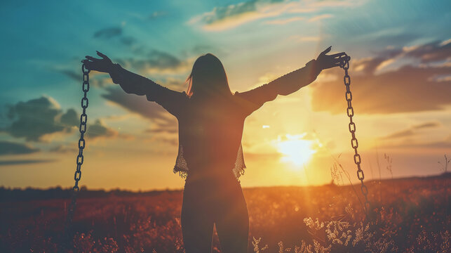 view from behind of a woman who has thrown her hands to the side, breaking the chain that bound her and shows the acceptance of the freedom that she finally got against the background of the sunrise