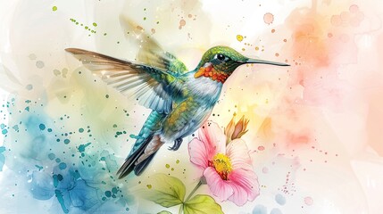 Hummingbird hovering over flower, watercolor, detailed in pastel shades, 6K resolution, delicate and graceful