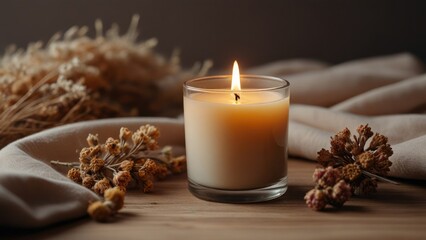 Fototapeta na wymiar Relaxation Oasis Aroma Candle and Dry Flowers Bringing Comfort and Wellness to Your Space