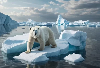 Foto op Aluminium polar white bear stands on piece of ice in the ocean, environmental issue, melting glaciers, climate change, global warming © Руслан Галиуллин
