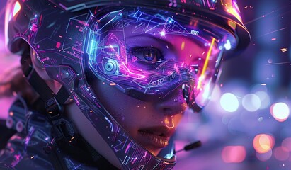 Young woman in protective helmet with digital indicators. The concept of technological protection.