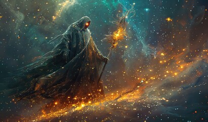 Mysterious cloaked figure creating stars in space. Creation concept. - obrazy, fototapety, plakaty