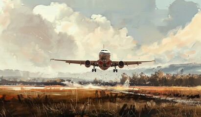 Airplane taking off from a runway with artistic effects. The concept of power and dynamics. - obrazy, fototapety, plakaty