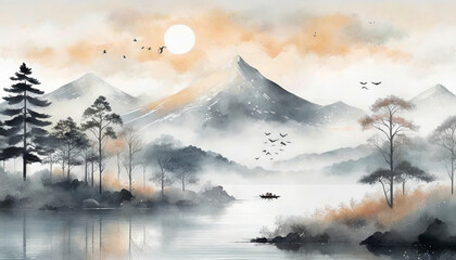 A serene minimalistic landscape in scandi art style with subtle japandi touches in shades 