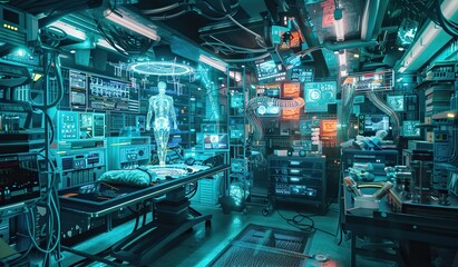 Fototapeta premium Medical laboratory with a holographic image of a human. Concept of advanced diagnostics and technology in healthcare.