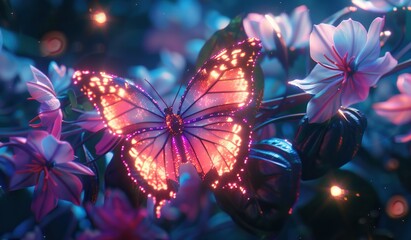 Shimmering butterfly against the backdrop of blooming plants in the darkness. The concept of nature's beauty and glowing life. - obrazy, fototapety, plakaty
