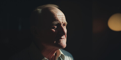 Elderly man with a poignant expression, highlighted by a soft light, set against a dark, peaceful background