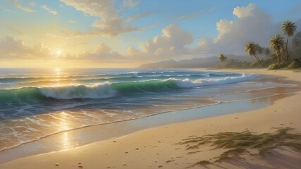 A tranquil beach scene with gently crashing waves and golden sand, evoking a sense of relaxation and stress relief.