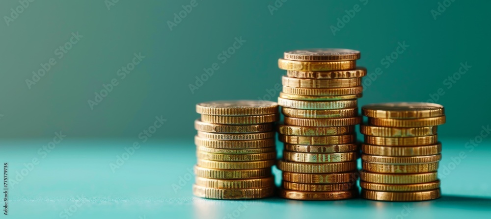 Poster Stack of gold coins. Generative AI technology.	
