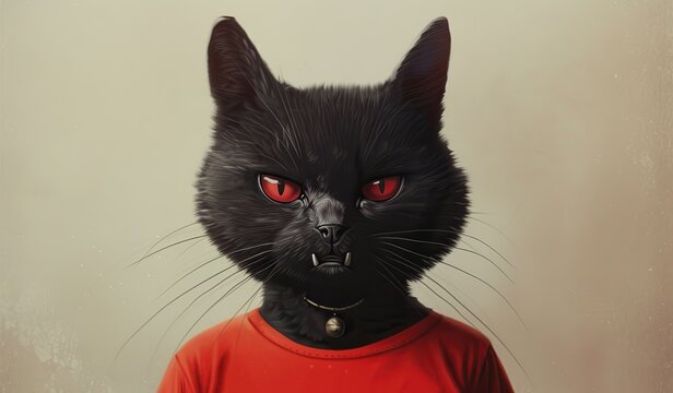 Black Cat With Red Eyes In A Red T-shirt. The Concept Of Character And Unpredictability.