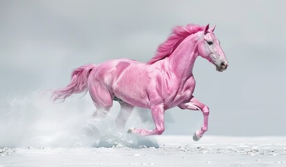 Obraz na płótnie Canvas Pink horse running through the snow. The concept of strength and freedom.