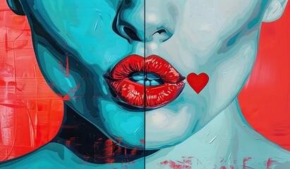 Stylized image of lips and a heart on a two-tone background. The concept of pop art and love.