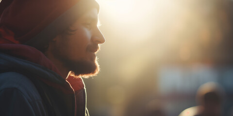 A serene man in a red hoodie revels in the warm glow of sunlight, exuding calm and happiness