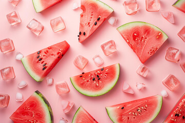 
Top view pattern of watermelon slices and ice cubes on a pink background, in a flat lay. Minimal summer concept.