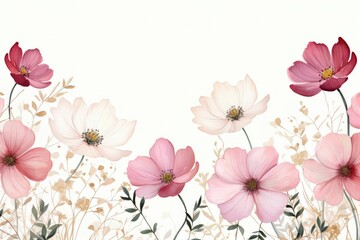 Pink Cosmos watercolor frame. botanical painting, floral sketch. Colorful flower clipart for summer or autumn design of wedding invitation, print, greeting, sublimation, textile , wedding invitation.