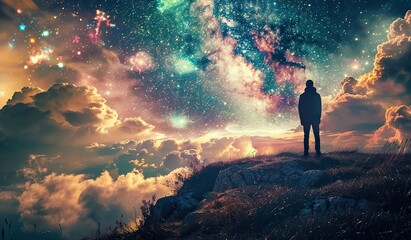 Obraz premium Person looking at the night sky full of stars and nebulae. The concept of dreams and infinity.